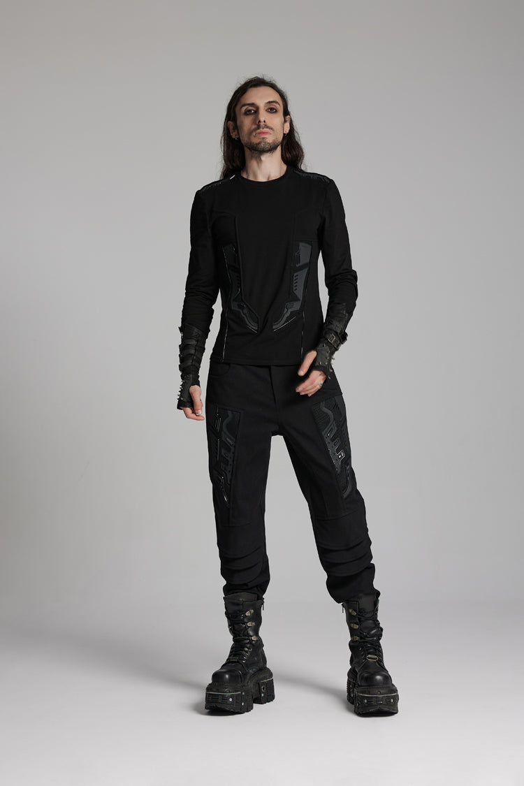 Black Round Collar Long Sleeves 3D Amor Patch Print Men's Punk T-Shirt - Product - 5