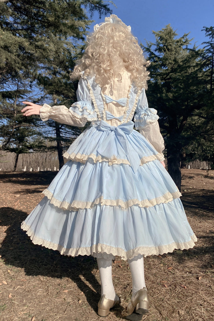 Blue Lapel Collar Long Sleeves High Waisted Multi-layer Bowknot Sweet Lolita Dress - Product - 7
