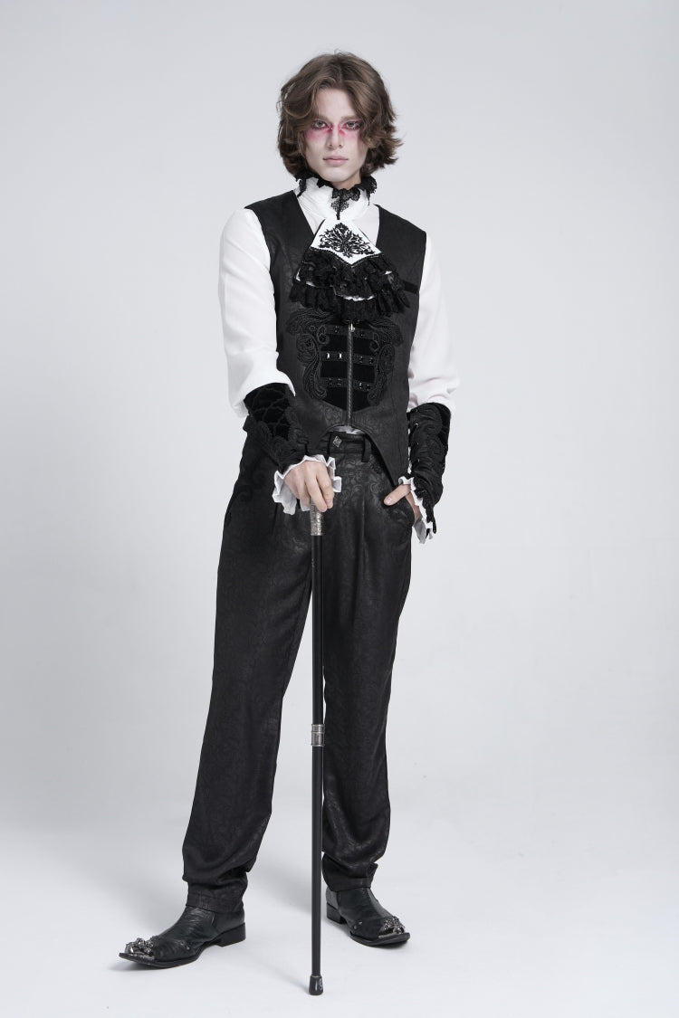 Black Sleeveless Floral Embroidery Stitching Velvet Men's Gothic Vest - Product - 4