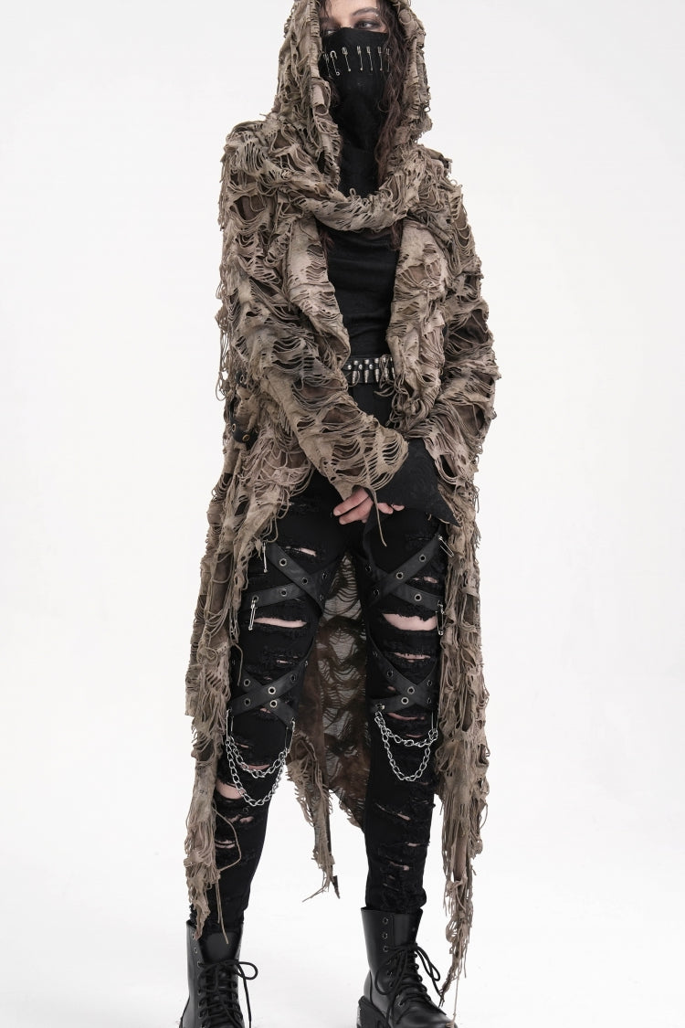 Brown Long Sleeves Hooded Women's Punk Eyelets Zip Cape - Product - 6