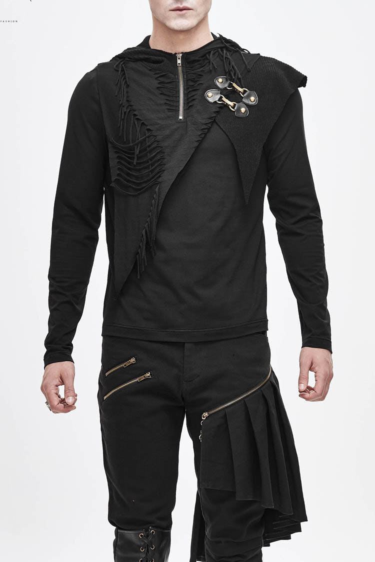 Black Long Sleeves Asymmetric Tatters Strip Leather Metal Loop Hooded Men's Punk T-Shirt - Black - 1