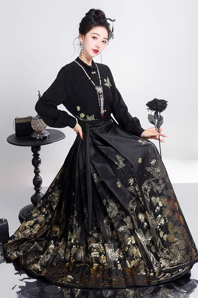 Black Long Sleeves High Waisted Printed Ruffled Foil-Stamped Gothic Hanfu Horse-face Skirt Set - Black - 1