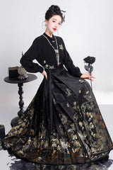 Black Long Sleeves High Waisted Printed Ruffled Foil-Stamped Gothic Hanfu Horse-face Skirt Set - Black - 1