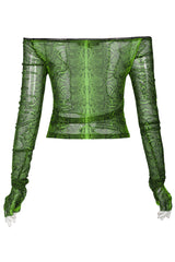Green Long Sleeve One Word Collar Half Cut Finger Cuffs Tight Python Serpent Print Women's Punk T-Shirt - Product - 7