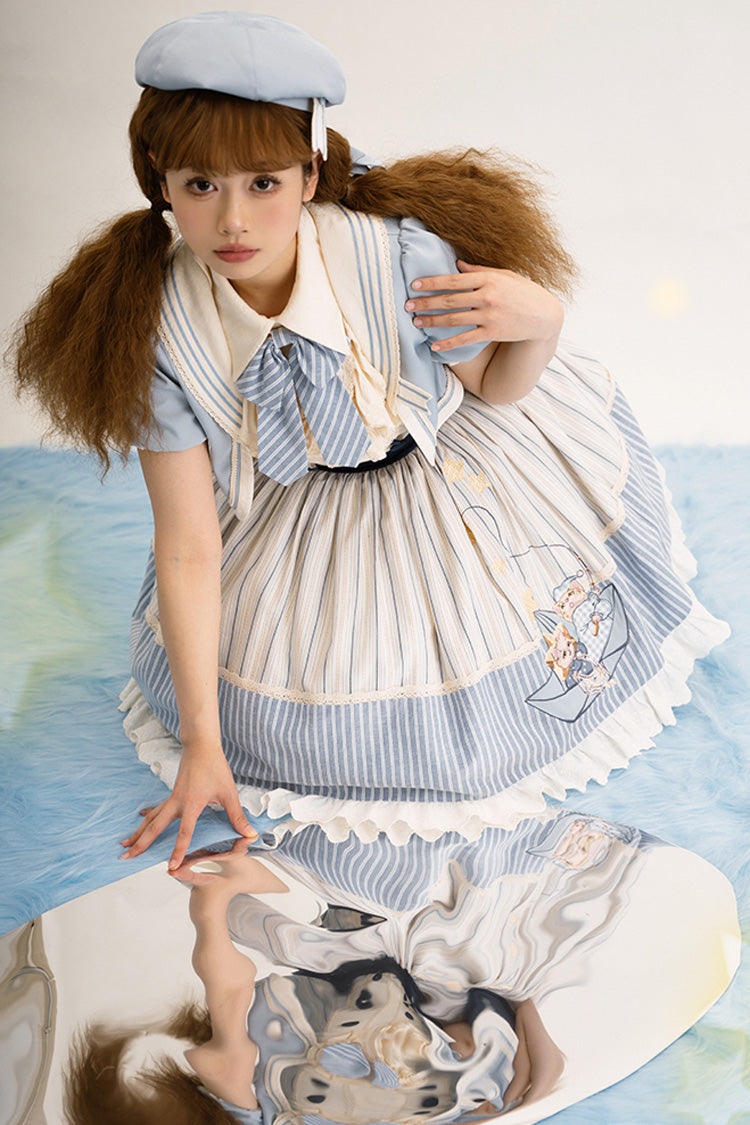 Blue/Ivory Catch The Stars Print Navy Style Sleeveless Ruffle Bowknot Sweet Lolita Dress - Product - 14