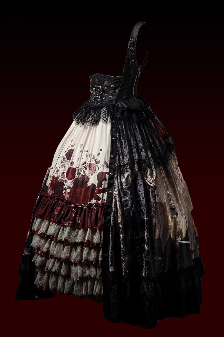 [Heretical Nun] Sleeveless Multi-Layered Printed Ruffled Open-Front Gothic Plus Size Lolita Strap Dress Long Version 2 Colors - Product - 4
