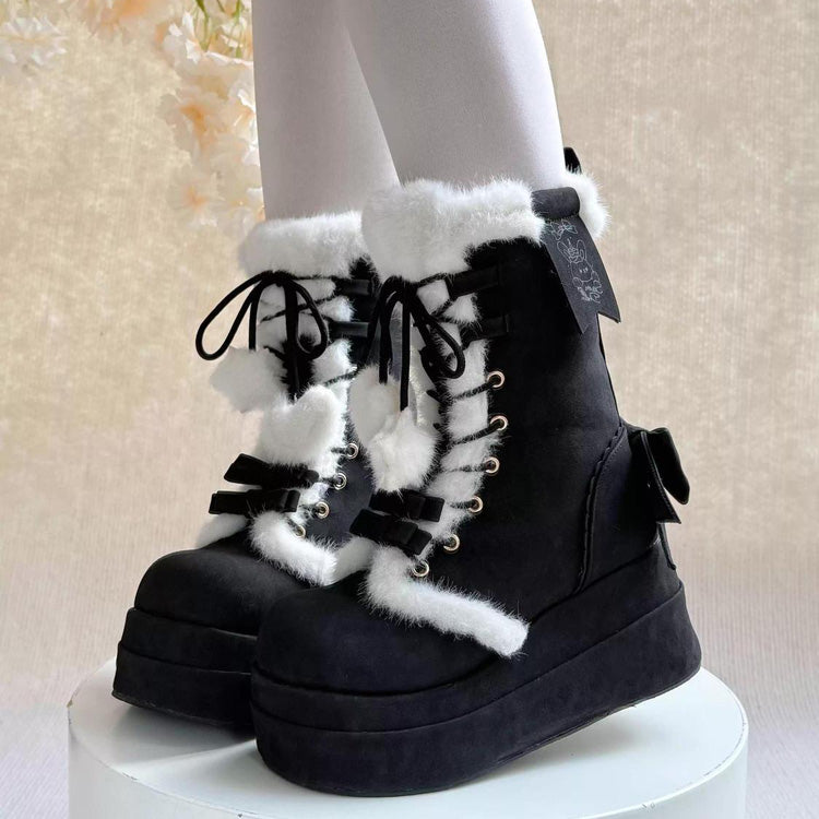 Black Cute Platform Thick-Soled Bowknot Lace-Up Sweet Lolita Plush Boots - Product - 5