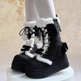 Black Cute Platform Thick-Soled Bowknot Lace-Up Sweet Lolita Plush Boots - Product - 5