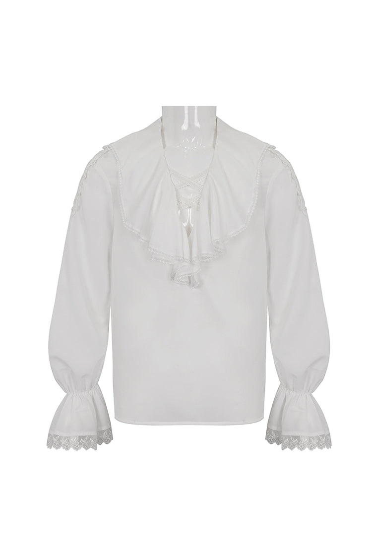 White Ruffled Collar Puff Sleeved Men's Gothic Shirt - Product - 7