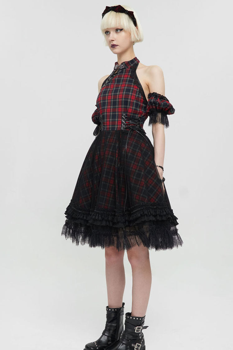 Black/Red Punk Off The Shoulder Plaid Chinese Style Cheongsam Collar Oversized Hem Women's Dress - Product - 4