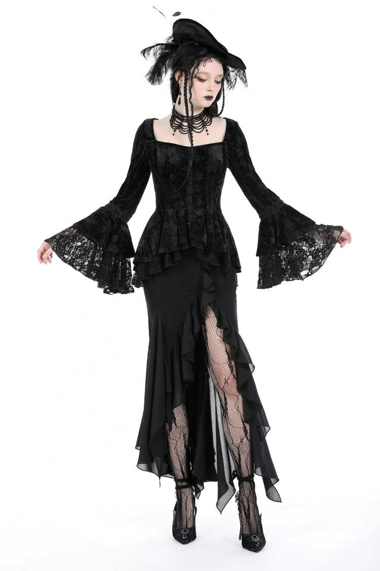 Black Women's Gothic Side Slit Ruffled Slim Fit Fishtail Skirt - Black - 1