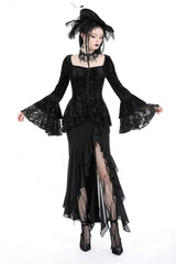 Black Women's Gothic Side Slit Ruffled Slim Fit Fishtail Skirt - Black - 1