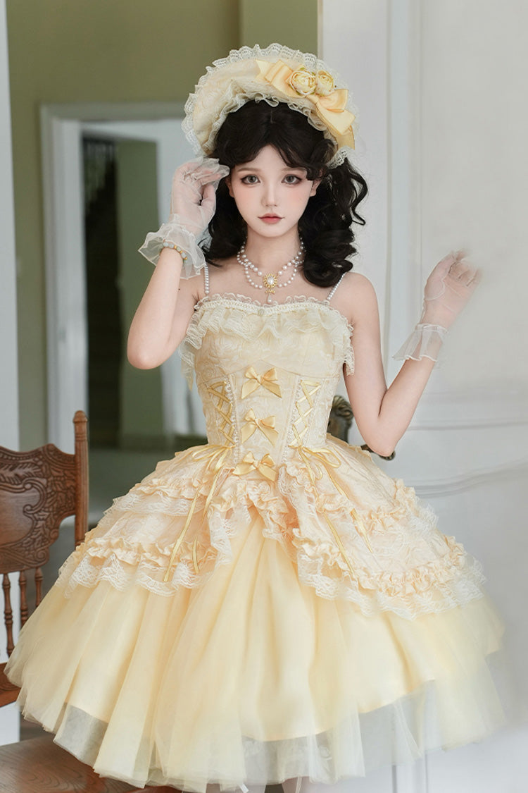 Yellow [Sissi's Pilgrimage] Off Shoulder Ruffle Bowknot Lace Sweet Lolita Skirt (Short Version) - Product - 4