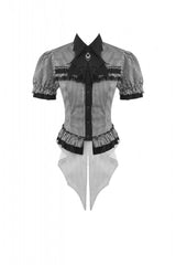 Black/White Pinstripe Short Puff Sleeves Lace-Up Women's Preppy Style Swallow-tailed Blouse with Detachable Tie - Product - 3