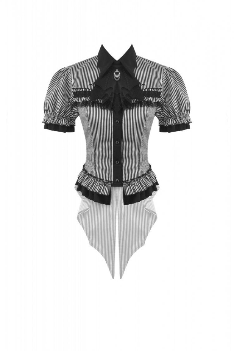 Black/White Pinstripe Short Puff Sleeves Lace-Up Women's Preppy Style Swallow-tailed Blouse with Detachable Tie - Product - 3