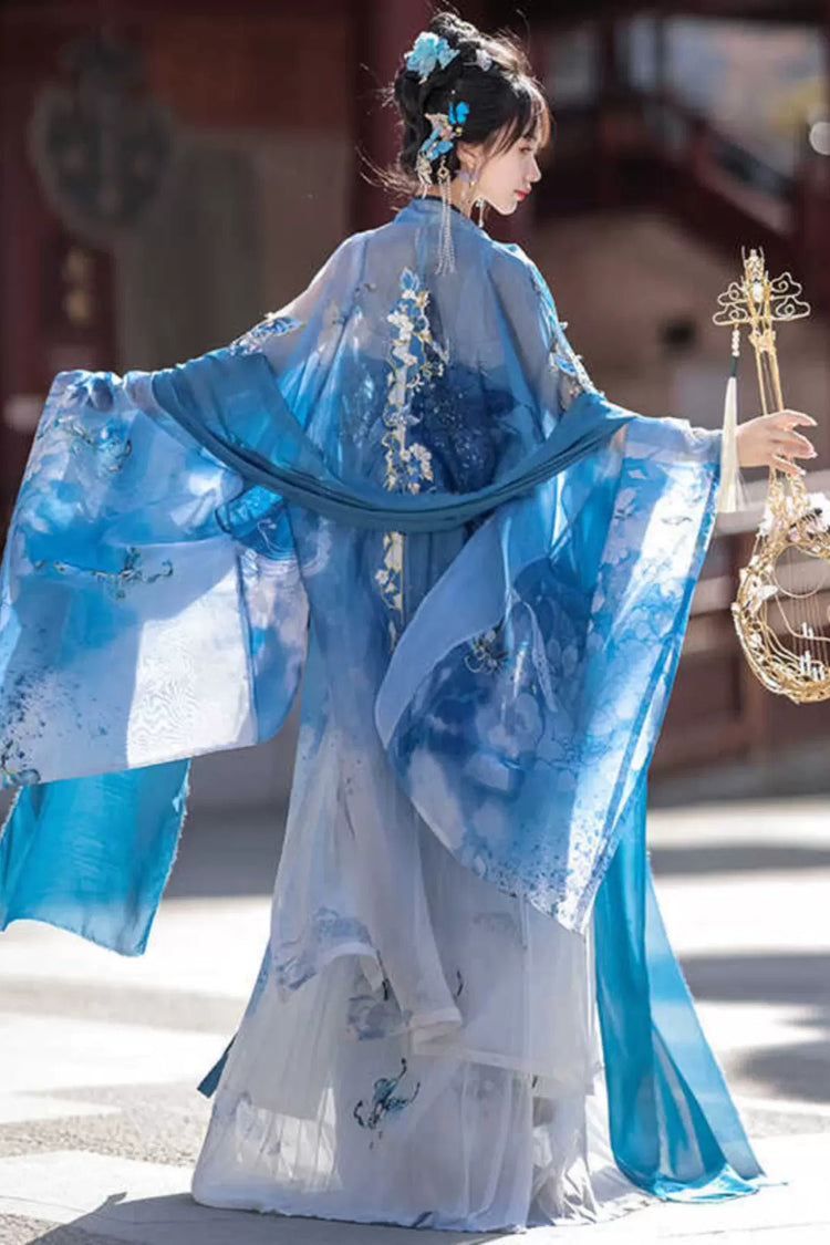 Blue Print Embroidery Women's Gorgeous Hanfu Dress Full Set - Product - 5