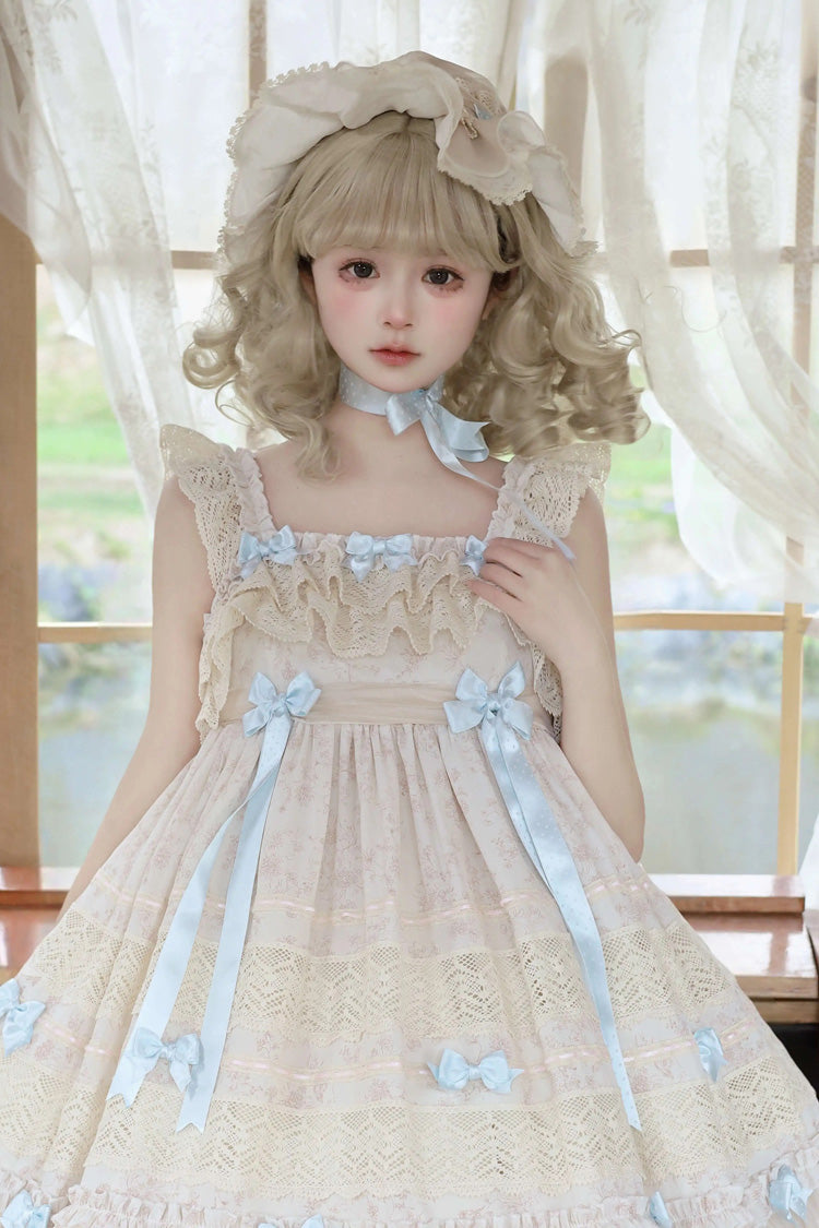 Beige [Little Wind Chime] Sleeveless Multi-Layered Printed Ruffled Bow Lace Sweet Elegant Princess Lolita Jsk Dress - Product - 9