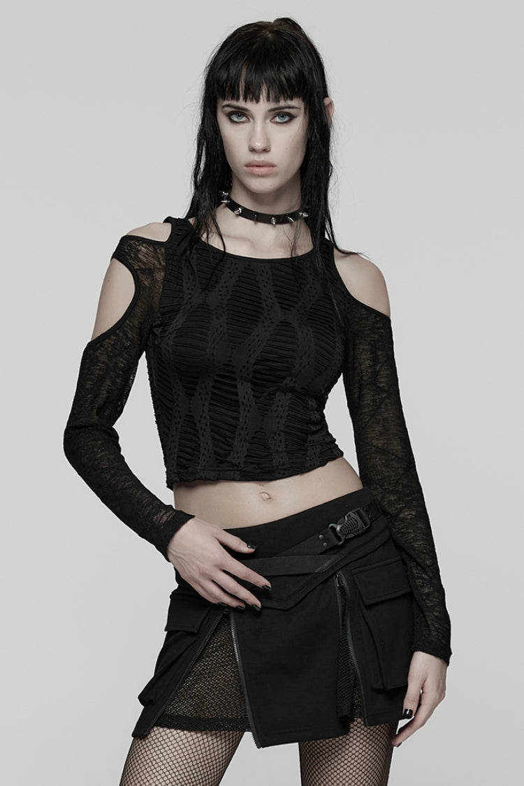 Black Off Shoulder Long Sleeves Spliced Mesh Pleated Women's Punk Top - Black - 1