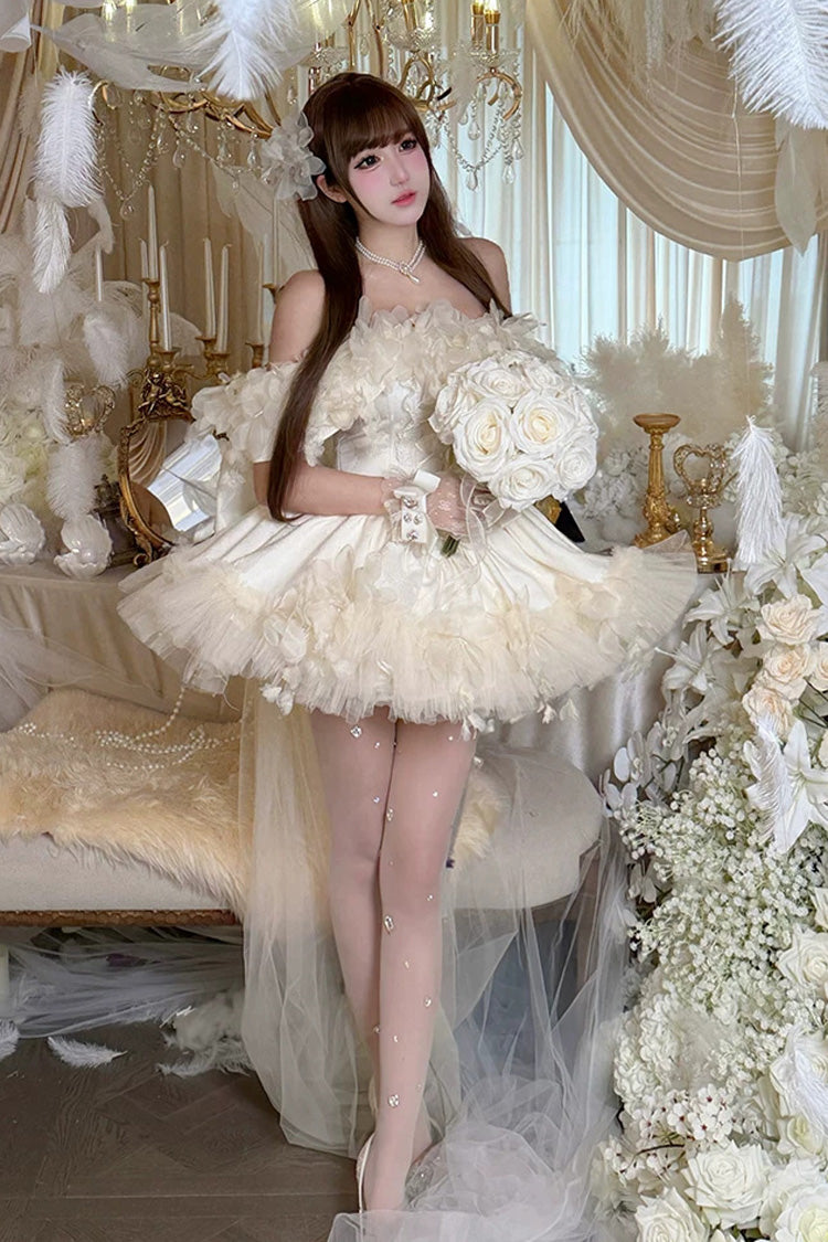 Apricot [Dream Confession] Sleeveless Multi-Layered Ruffled Hanayome Bow Lace Lace-Up Sweet Lolita Jsk Dress Short Version - Product - 2