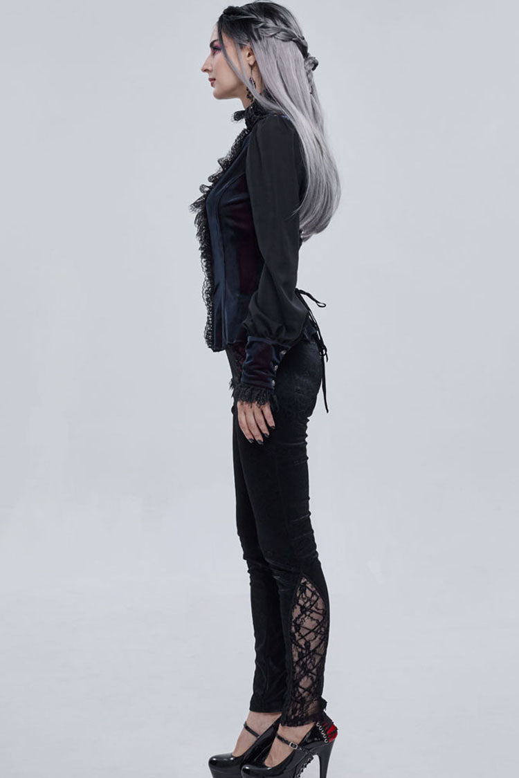 Black Gothic Turtleneck Three-Dimensional Lace Lantern Sleeves Stitched Velvet Lace-Up Long Sleeves Women's Shirt - Product - 6