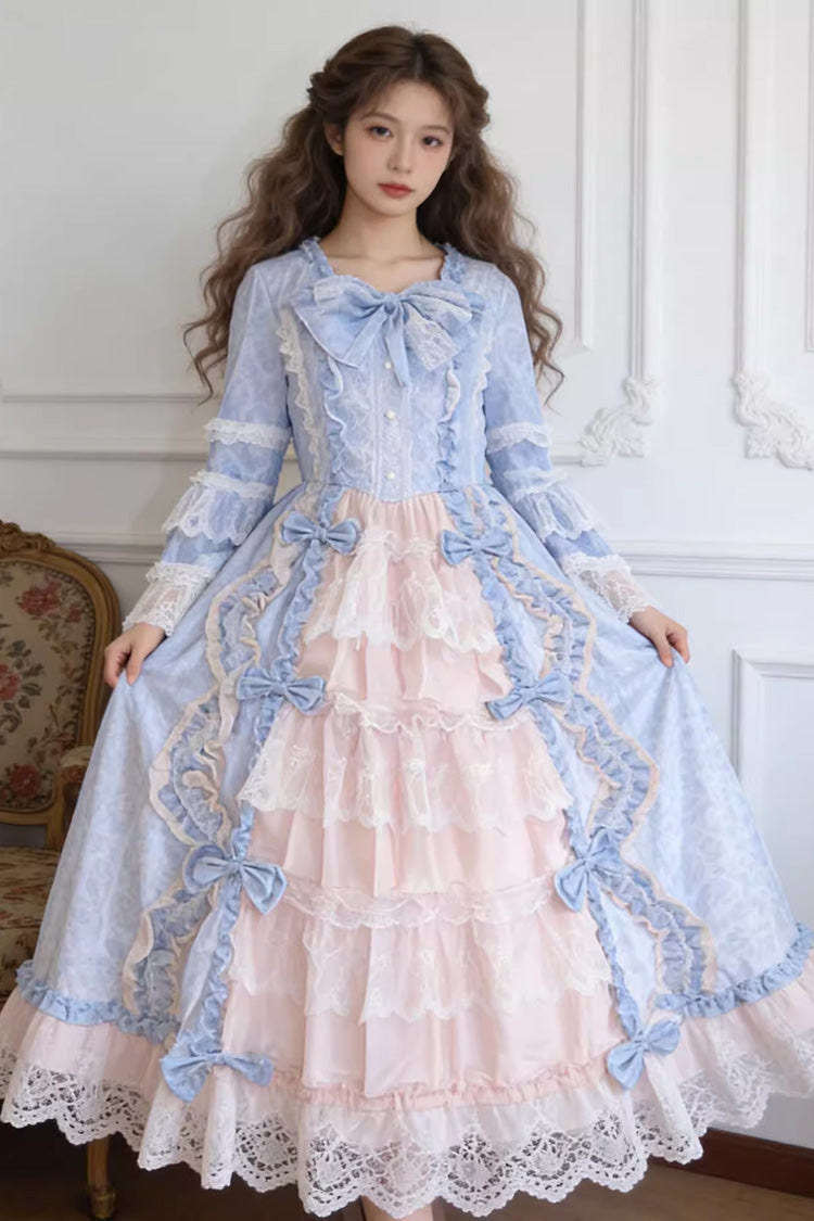 Sweet Plus Size Long Sleeves Triple-Layered Ruffled Open-Front Bow Lace Princess Lolita Victorian Dress - Blue/White - 1