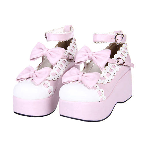 Pink Lace Bowknot Sweet Lolita Platform Shoes - Pink - 1