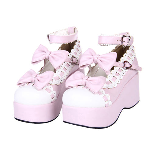 Pink Lace Bowknot Sweet Lolita Platform Shoes - Pink - 1
