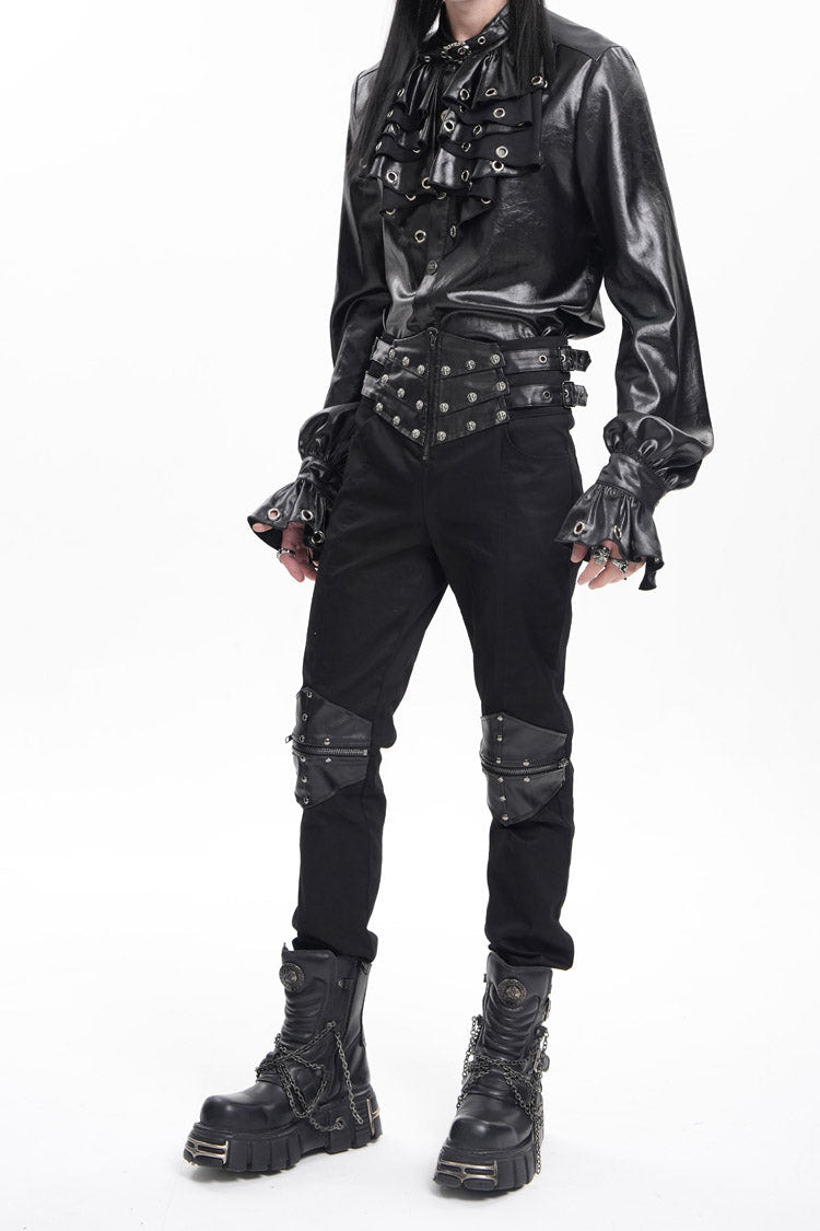 Black Stitching Buckle-up Studs Men's Gothic Pants - Product - 12