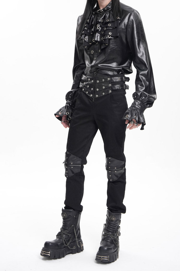Black Stitching Buckle-up Studs Men's Gothic Pants - Product - 12
