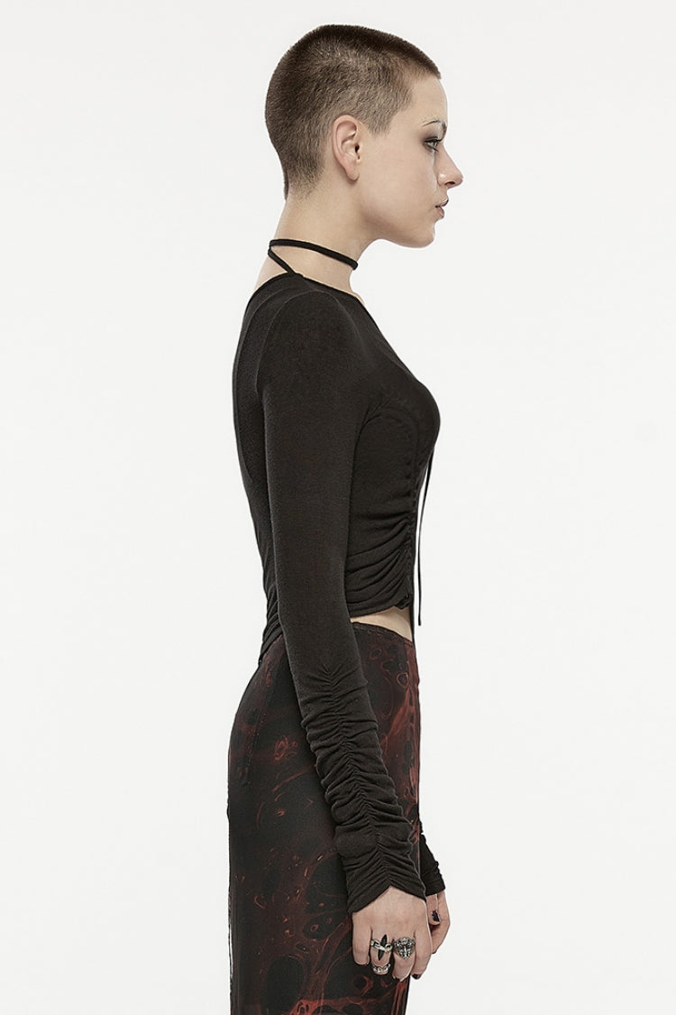 Black Slash Shoulder Long Sleeves Asymmetric Women's Gothic T-Shirt - Product - 2