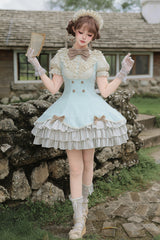 Blue [Sea Salt Snow Cap] Stand Collar Short Sleeves Petal Hem Ruffled Bow Sweet Lolita Dress Set 2 Versions - Product - 7