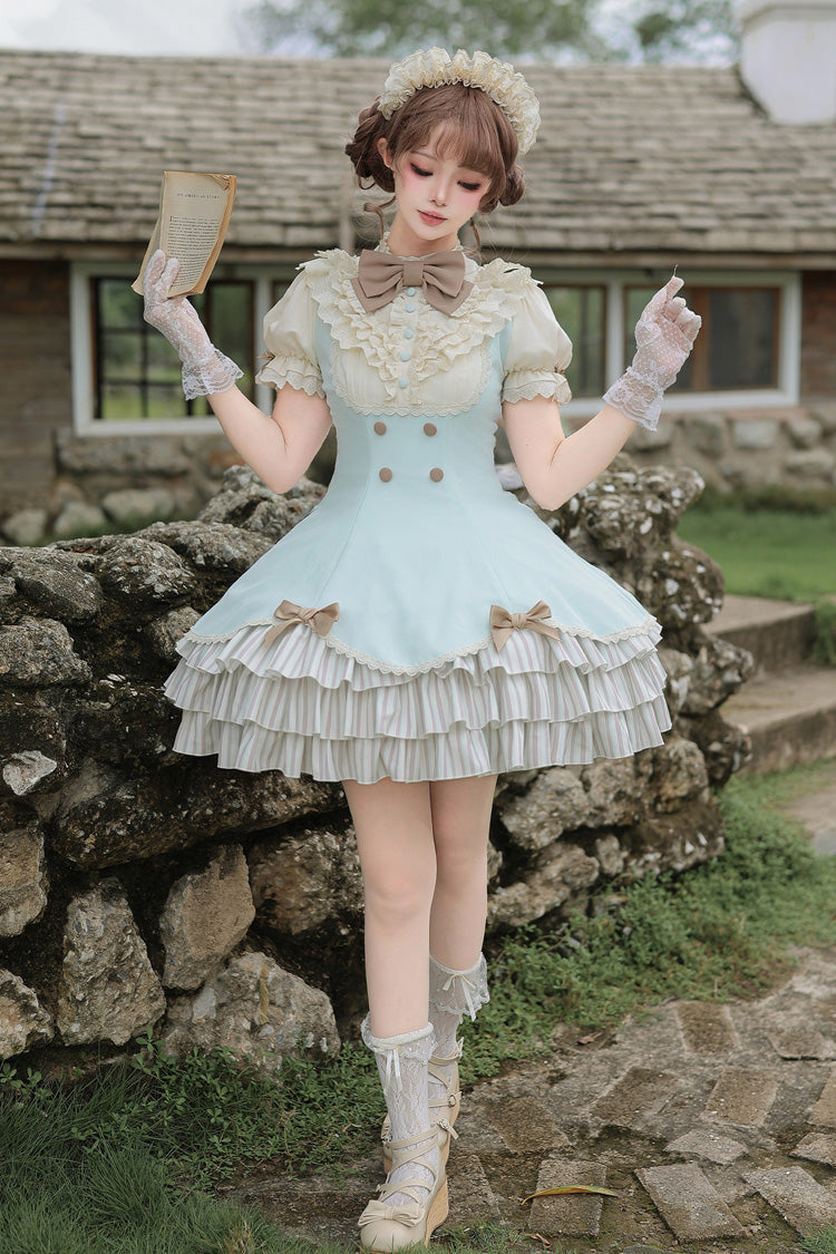 Blue [Sea Salt Snow Cap] Stand Collar Short Sleeves Petal Hem Ruffled Bow Sweet Lolita Dress Set 2 Versions - Product - 7