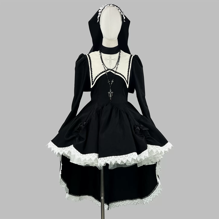 Black Gothic Ruffled Lolita Dress with Cross and Lace Trim - view 2