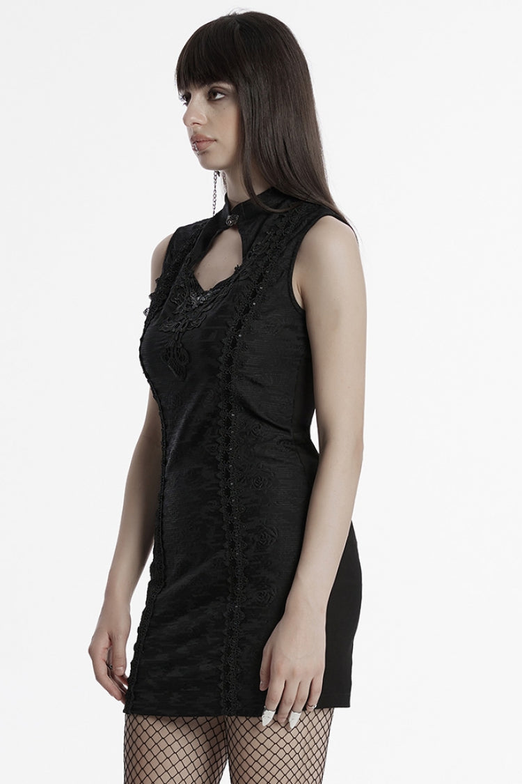 Black Cheongsam Collar Sleeveless Embroidery Women's Prom Dress - Product - 2