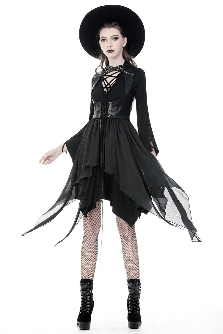 Black Chiffon Sleeveless Cut-Out Chest Irregular Hem Lace-Up Buckled Women's Punk Jacket - Product - 6