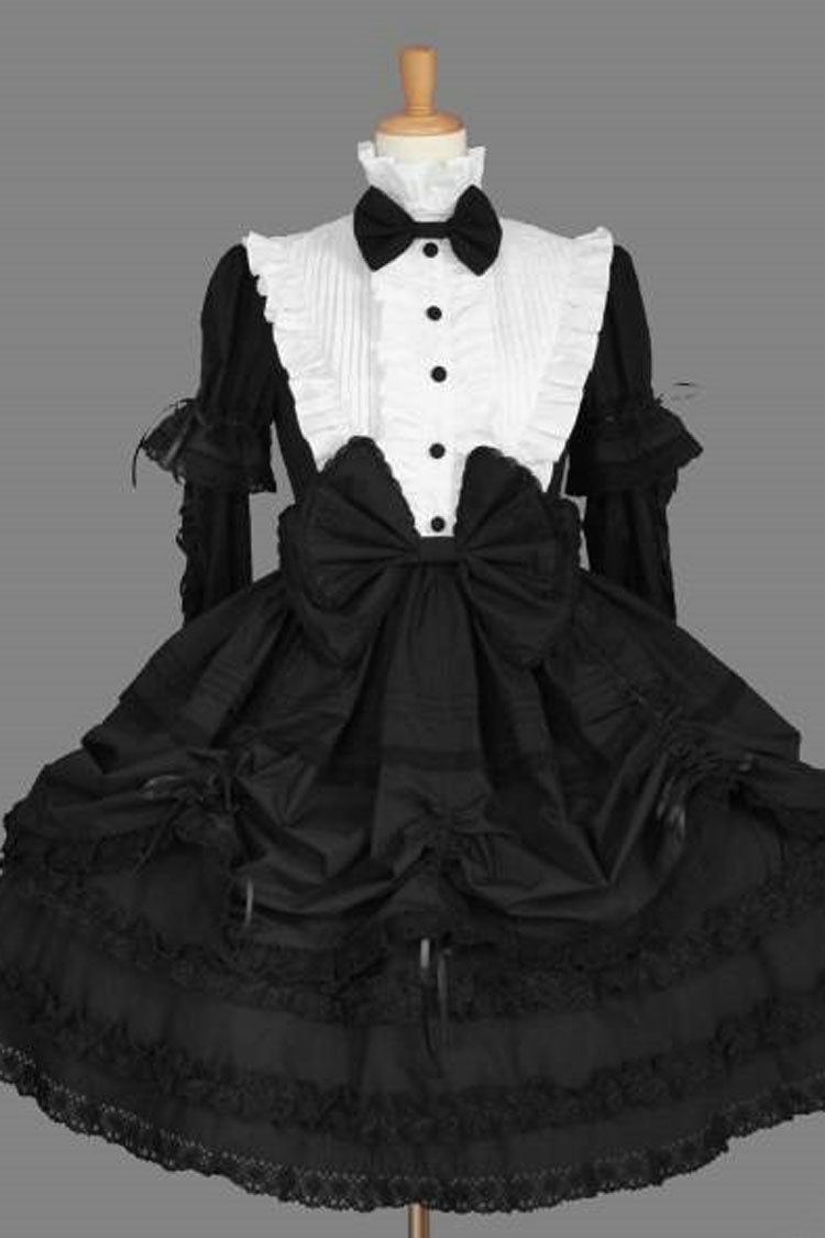Black/White Cotton Stand Collar Long Sleeves Bowknot Ruffled Multi-Layer Gothic Lolita Dress - Black/White - 1