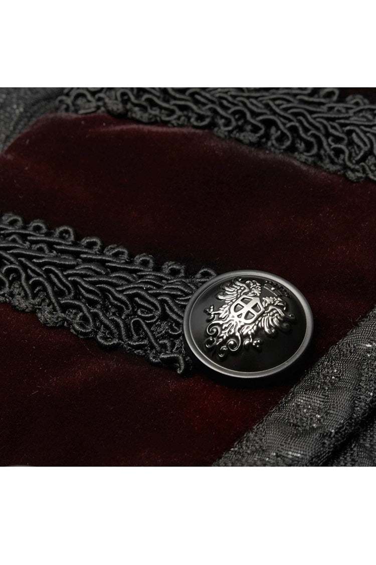 Black Jacquard Velvet Splice Weft Stand Up Collar Front Chest Breasted Decoration Men's Gothic Vest - Product - 7