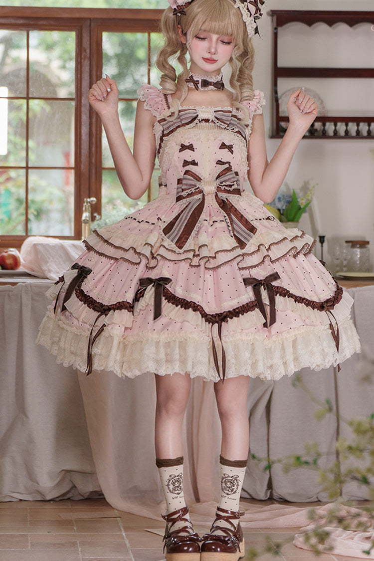 Pink [Shengqiao Tata] Sleeveless Print Ruffle Bowknot Lace-Up Sweet Elegant Lolita Jsk Dress - Product - 18