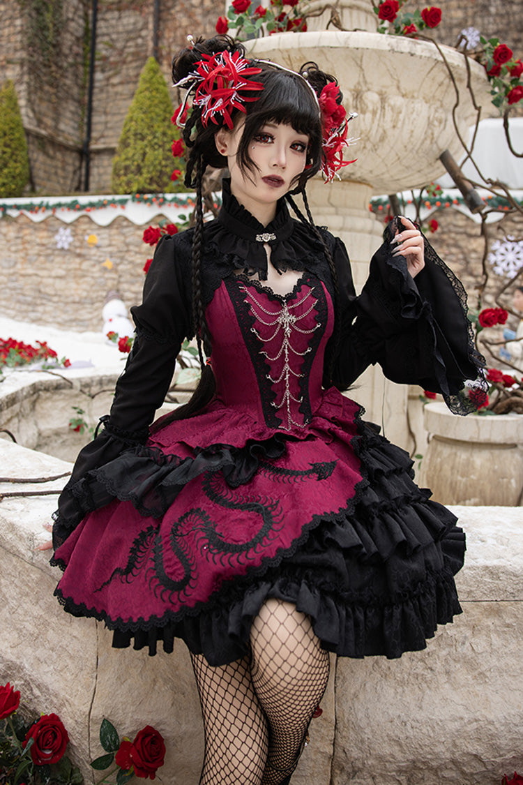 Black/Red Multi-Layered Ruffle Bowknot Lace Asymmetric Gothic Lolita Jsk Dress - Product - 3