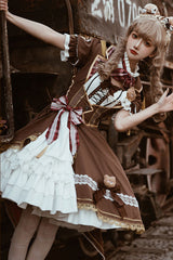 White/Brown Bear Detective Short Sleeves Ruffle Cardigan Bowknot Gothic Punk Lolita Dress - Product - 5
