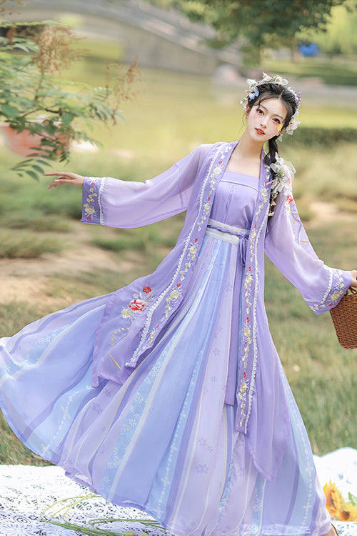 Purple Chinese Style Song Dynasty Exquisite Embroidery Three Piece Sweet Hanfu Dress - Product - 2