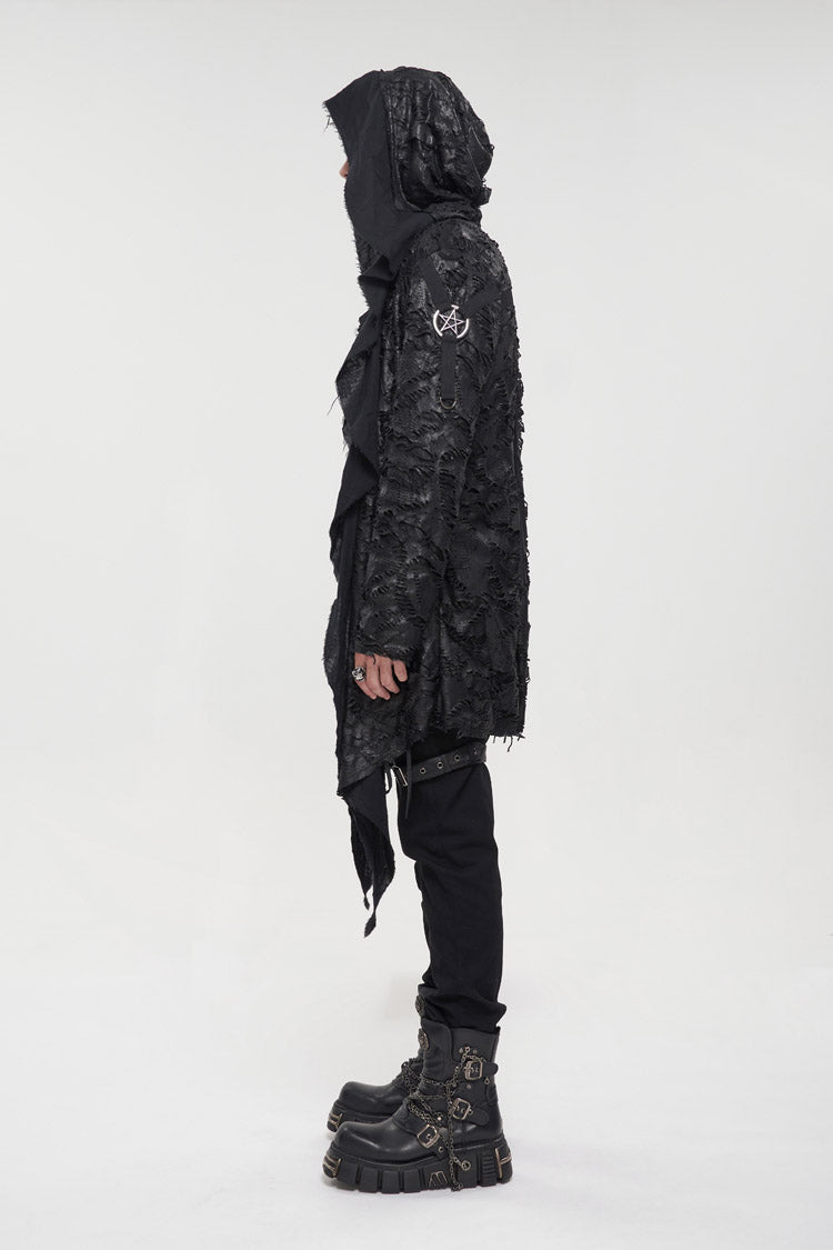 Black Irregular Sharp Corner Hem Tattered Knitted Stitching Design Four Seasons Casual Men's Punk Jacket - Product - 4