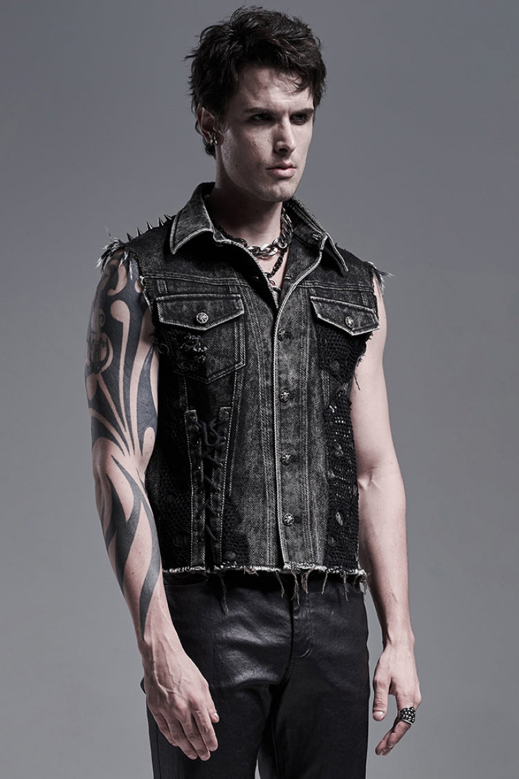 Black Rivets Lapel Collar Sleeveless Mens Steampunk Vintage Denim Vest - Product - 2