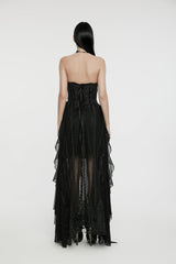 Black Off Shoulder Sleeveless Spliced Lace-Up Slim Pleated Women's Gothic Corset  Chiffon Strapless Dress - Product - 4