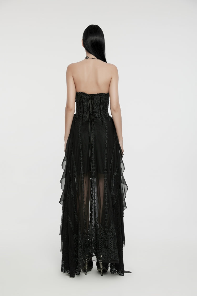 Black Off Shoulder Sleeveless Spliced Lace-Up Slim Pleated Women's Gothic Corset  Chiffon Strapless Dress - Product - 4