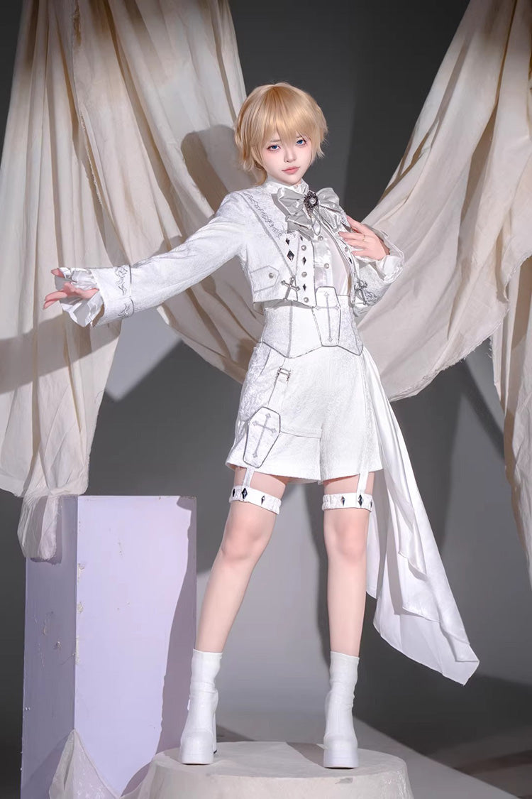 White [Silver-White Sacred Pact] Bow Asymmetric Gothic Prince Palace Ouji Lolita Shorts Coat Four-Piece Set - Product - 6