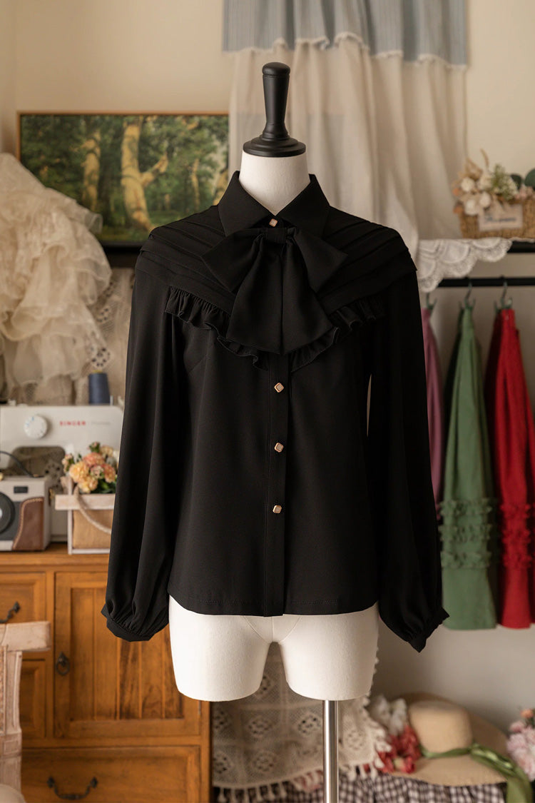 [Basket of the Forest] Lapel Collar Long Sleeves Ruffled Bow Classic Elegant Lolita Blouse 4 Colors - Black - 5