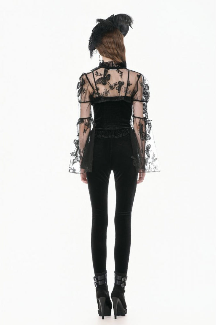 Black Women's Gothic Retro Embroidered Sheer Lace Patchwork Slim Leggings - Product - 4