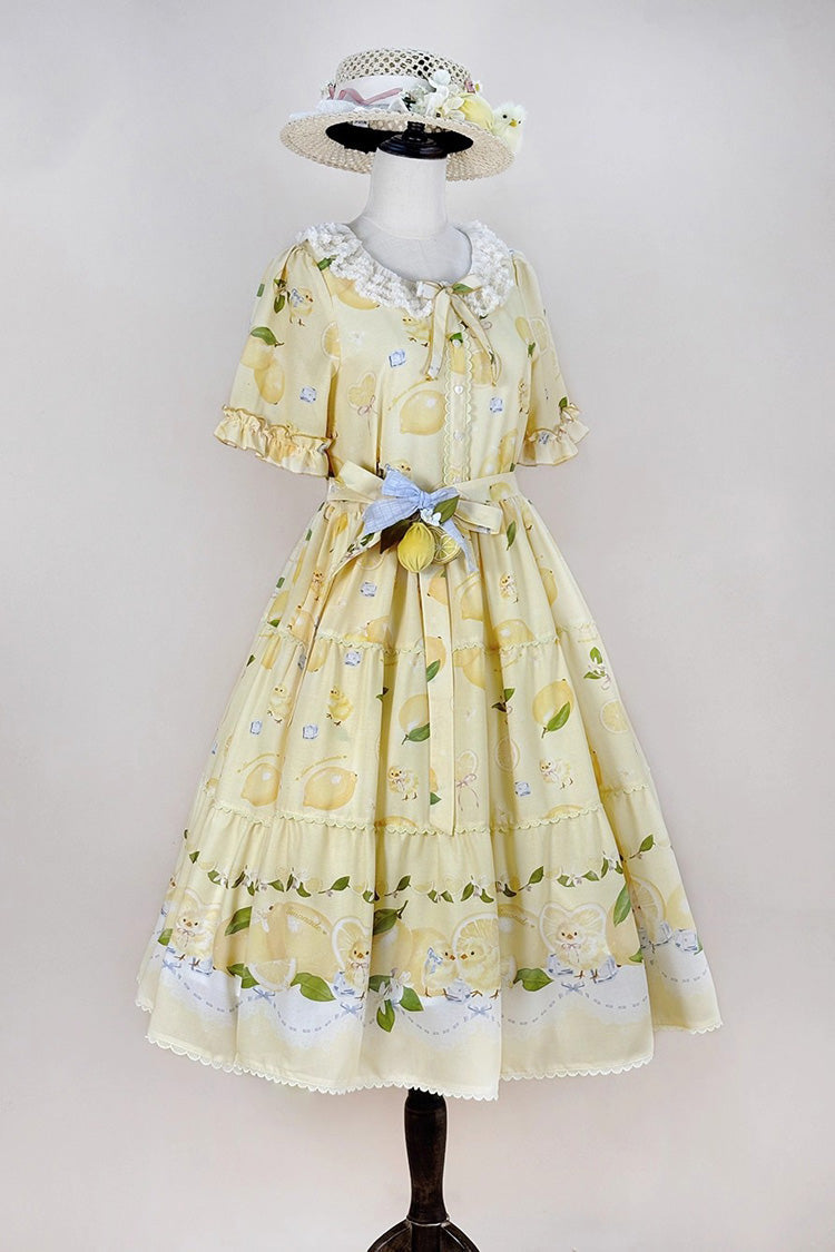 Yellow [Lemon Chicken] Short Sleeves Print Ruffle Bowknot Lace Daily Sweet Lolita Dress - Product - 7