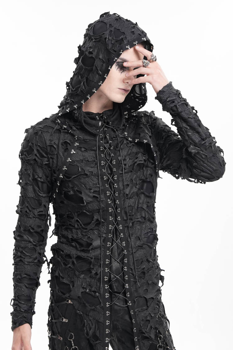 Black Studs Long Sleeves Lace-Up Ripped Men's Gothic Hooded Coat - Product - 4